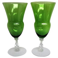 Two (2) Elegant Glass Cambridge Forest Green Water Goblets