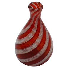 Venetian Latticino Murano Hand Blown Glass Red Ribbon Twist Bud Vase