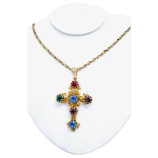 Very Rare Vintage Miriam Haskell Jeweled Cross Pendant & Necklace Excellent Vintage Condition Vintage