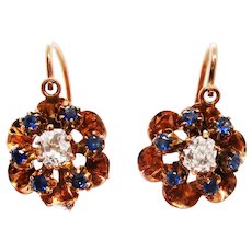 Victorian 14 Karat Rose Gold Mine Cut Diamond and Sapphire Flower Drop Earrings