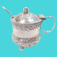 Victorian 1895 English Engraved Mustard Pot with Liner and Spoon - William Devenport