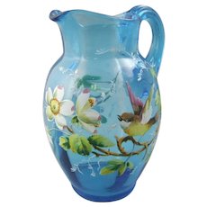 Victorian Enameled Glass Pitcher with Song Bird