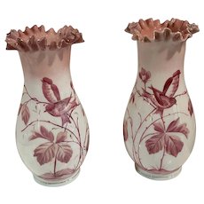 Victorian Hand Blown Satin Glass Hand Painted Bristol Bird Vases Signed