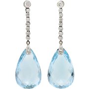 Vintage 15.37 CTW Aquamarine Diamond Platinum Briolette Drop Earrings