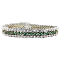Vintage 18K White and Yellow Gold Diamond Emerald Line Bracelet