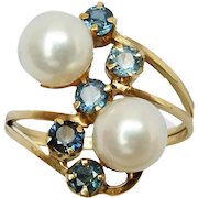 Vintage 18k Yellow Gold Cultured Pearl & Sapphire Bypass Swirl Ring