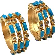 Vintage 1960s K.J.L. Faux Glass Turquoise and Rhinestone Hoop Earrings