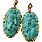 Vintage 1970s Large Oval Turquoise Chip Dangle Gold Tone Pierced Earrings