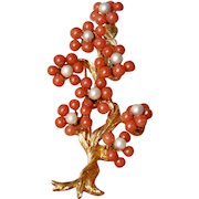 Vintage 70s' Stunning Faux Coral And Faux Pearl Tree Brooch