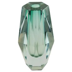 Vintage Asta Strömberg for Strömbergshyttan Diamant Faceted Geometric Vase in Teal and Clear Glass