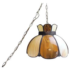 Vintage Bent Slag Glass Hanging Swag Light Lamp Cream and Carmel