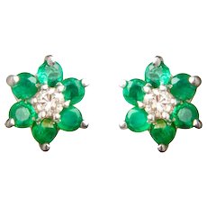Vintage Emerald and Diamond Cluster Earrings