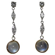 Vintage Estate 7.38 Carat Moonstone & Diamond Wedding Day Dangle Earrings 18K