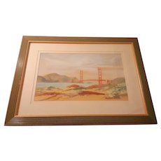 Vintage Florence Bryant MacKenzie Watercolor of San Francisco's Golden Gate Bridge d.1954