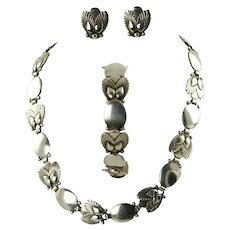 Vintage Georg Jensen Sterling Silver Link Bittersweet Demi-Parure Necklace, Bracelet and Earrings Designed by Gundorph Albertus