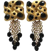 Vintage Gold-tone and Black Bead Dangle Clip-on Earrings