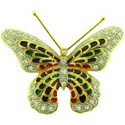 Vintage gold tone figural Butterfly Brooch with enamel and crystal rhinestones
