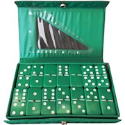 Vintage Green, Double Six Dominoes Set with Brass Spinners - Original Vinyl Box