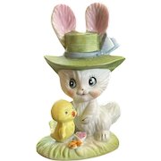 Vintage Lefton Easter Bunny Rabbit Porcelain Figure Chick Bonnet Spring Decor