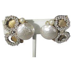 Vintage Old Mark Miriam Haskell Clip On Earrings With Faux Pearls