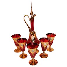 Vintage Murano Trefuochi Glass Ewer with Stopper and 1 Wine Goblets - Red and Gold