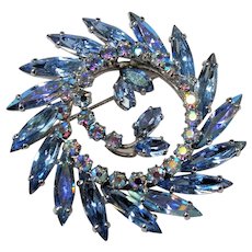 Vintage SHERMAN Signed Glittering AB BLUE Rhinestones,Multi Layered Swirl Brooch,Dazzling Swarovski Crystal,Collectible Jewelry,50s Brooches
