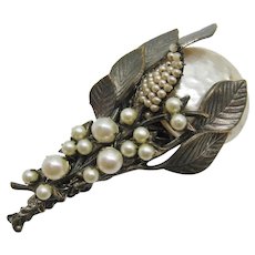 Vintage Signed Miriam Haskell Silver tone Simulated Glass Pearl and Rhinestone Brooch-Pin