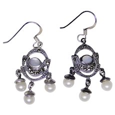 Vintage Sterling silver chandelier earrings with marcasite, moonstones, pearls