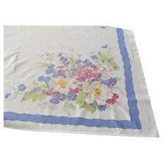 Vintage Tablecloth Garden Flowers Print Blue Border 54 x 48 Inches