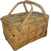 Vintage Thick Wood Slat Carry Woven Picnic Basket Metal Hinges and Latch