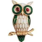 Vintage TRIFARI Enamel & Red Cabochon Owl Figural Pin