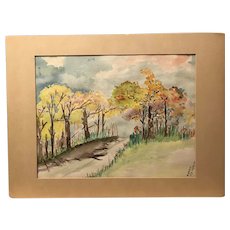 Watercolor Country Road and Forest Scene Signed Norris, New York, 1976