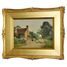 Watercolor of Sheep on a Path before a Vine-Covered Cottage by D.B. Sigmund