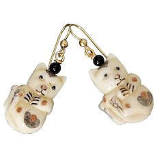 Whimsical Carved Bone Calico Cat Drop Earrings