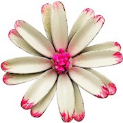 White and Pink Enameled Flower Brooch with Pretty Pink Center