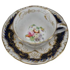 Zachariah Boyle Hand Painted Floral Cobalt & Gold Tea Cup & Saucer Circa 1840s A