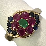 14K YG Precious Gemstone Ruby, Sapphire, and Emerald Ring Size 6